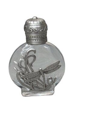 Vintage JJ Jonette Pewter Glass Clear Perfume Bottle Dragonfly Spring Dresser